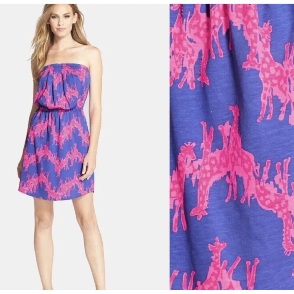 Lilly Pulitzer Womens Windsor Dress Strapless Size Large Pink Blue Giraffe